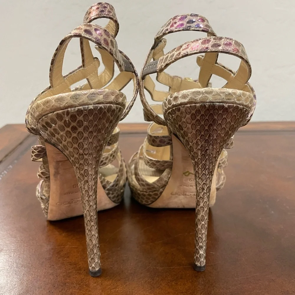 JIMMY CHOO 'Glenys' Platform Iridescent Snakeskin Cage‎ Sandals Size 39 $1295